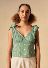 A Model Wearing Green Organic Cotton The Ocean Tide kala cotton top, curated by Only Ethikal